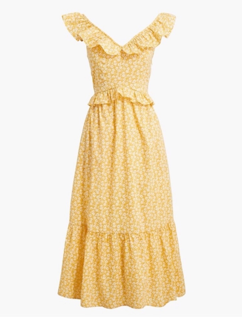 J. Crew Yellow Floral Cottagecore Off Shoulder Midi Dress Ruffle Pockets Size 2